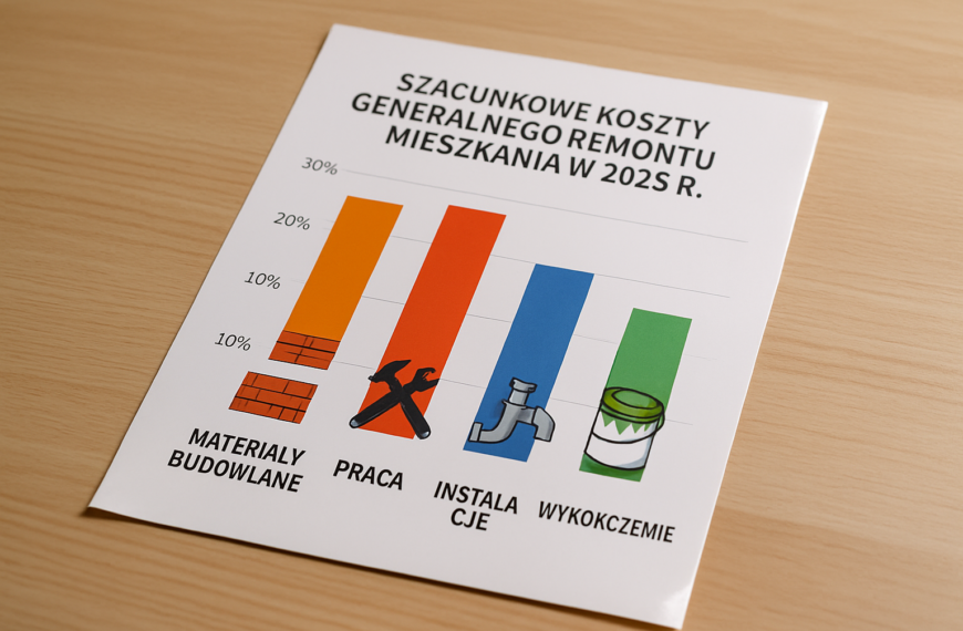 Infografika prezentująca szacunkowe koszty generalnego remontu mieszkania w 2025 roku rozbite na kategorie: materiały budowlane, praca, instalacje i wykończenie