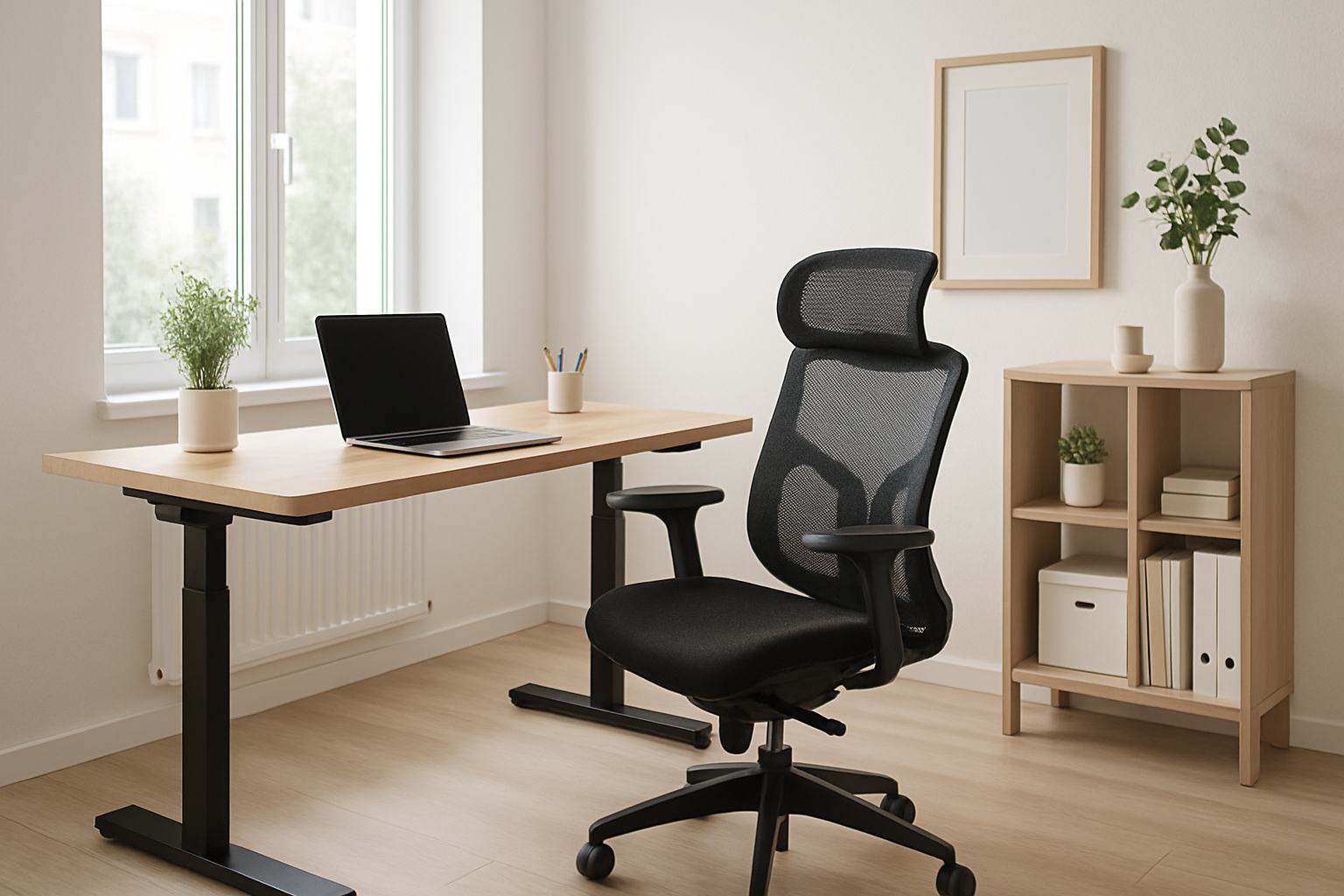 Domowe biuro z ergonomicznym krzesłem, regulowanym biurkiem, monitorem na wysokości oczu i uporządkowanymi akcesoriami