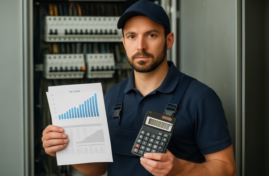 Elektryk z własną działalnością przy rozdzielnicy elektrycznej, trzymający dokumenty finansowe i kalkulator, symbolizujący analizę przychodów