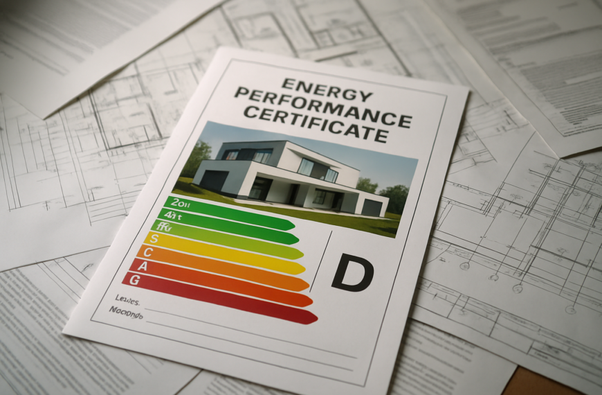 Certyfikat energetyczny domu z kolorowymi wskaźnikami klasy energetycznej na tle dokumentów