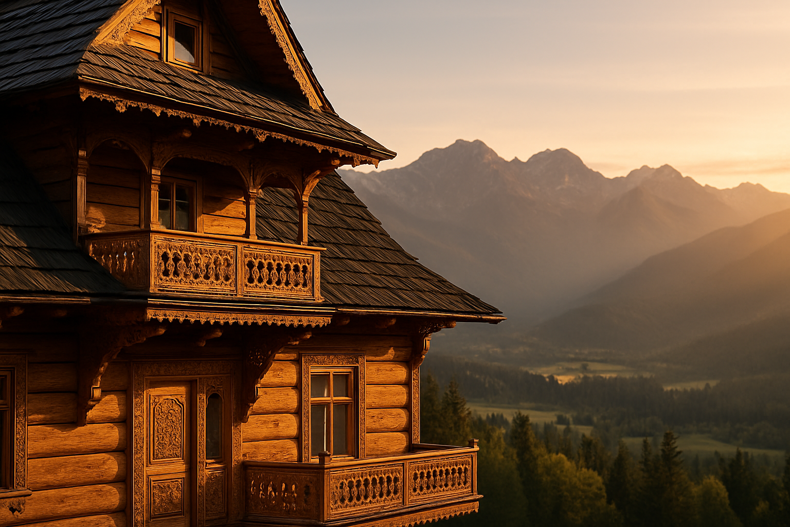 Góralski drewniany dom z rzeźbionymi zdobieniami na tle górskiej panoramy