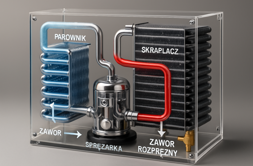 Diagram pompy ciepła przedstawiający obieg czynnika chłodniczego przez parownik, sprężarkę, skraplacz i zawór rozprężny
