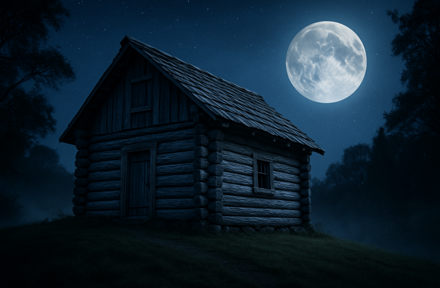 Drewniany dom z drewna księżycowego na tle nocnego nieba z pełnią księżyca