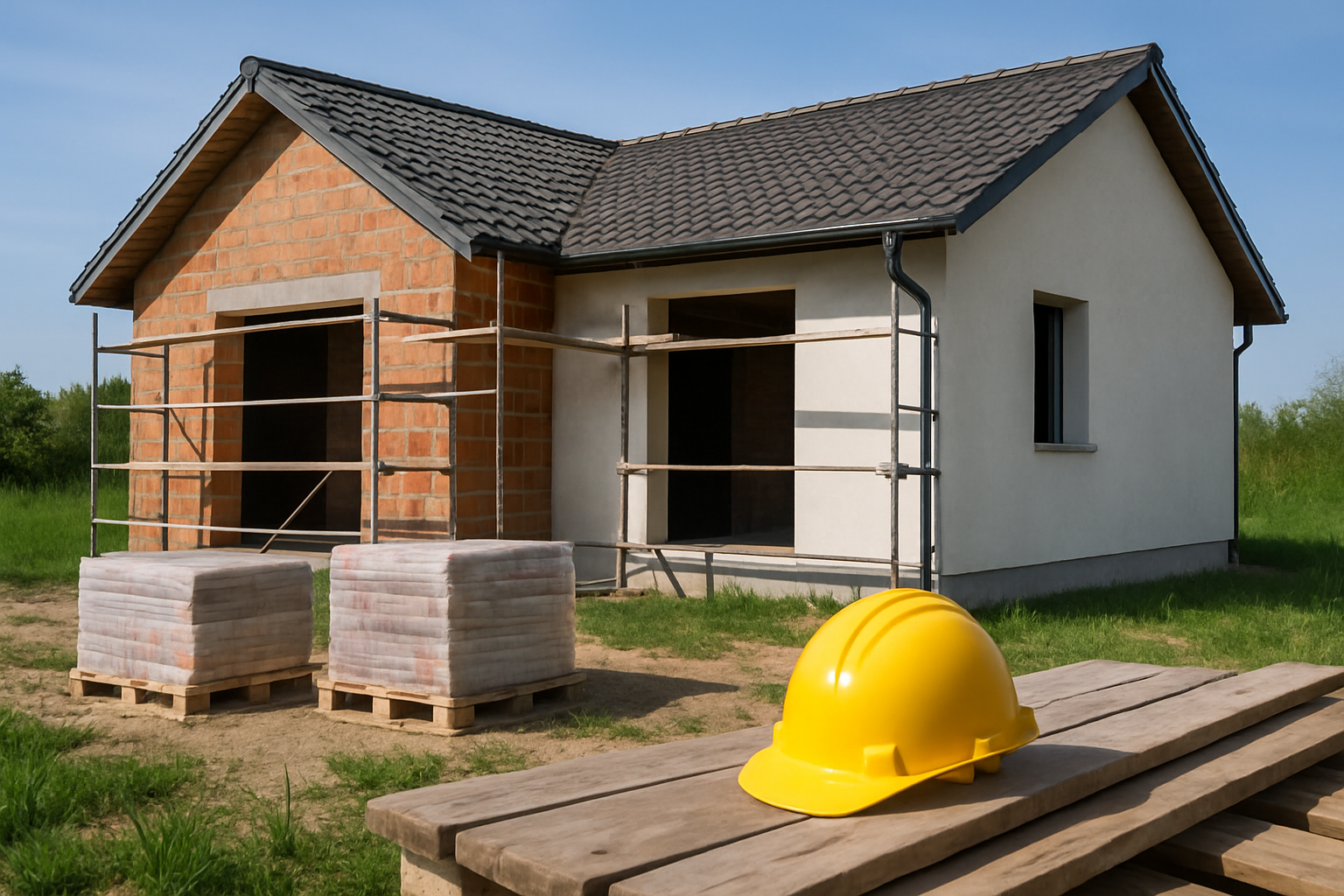Widok prostego, niedrogiego domu modułowego z drewnianą konstrukcją na tle zielonego otoczenia