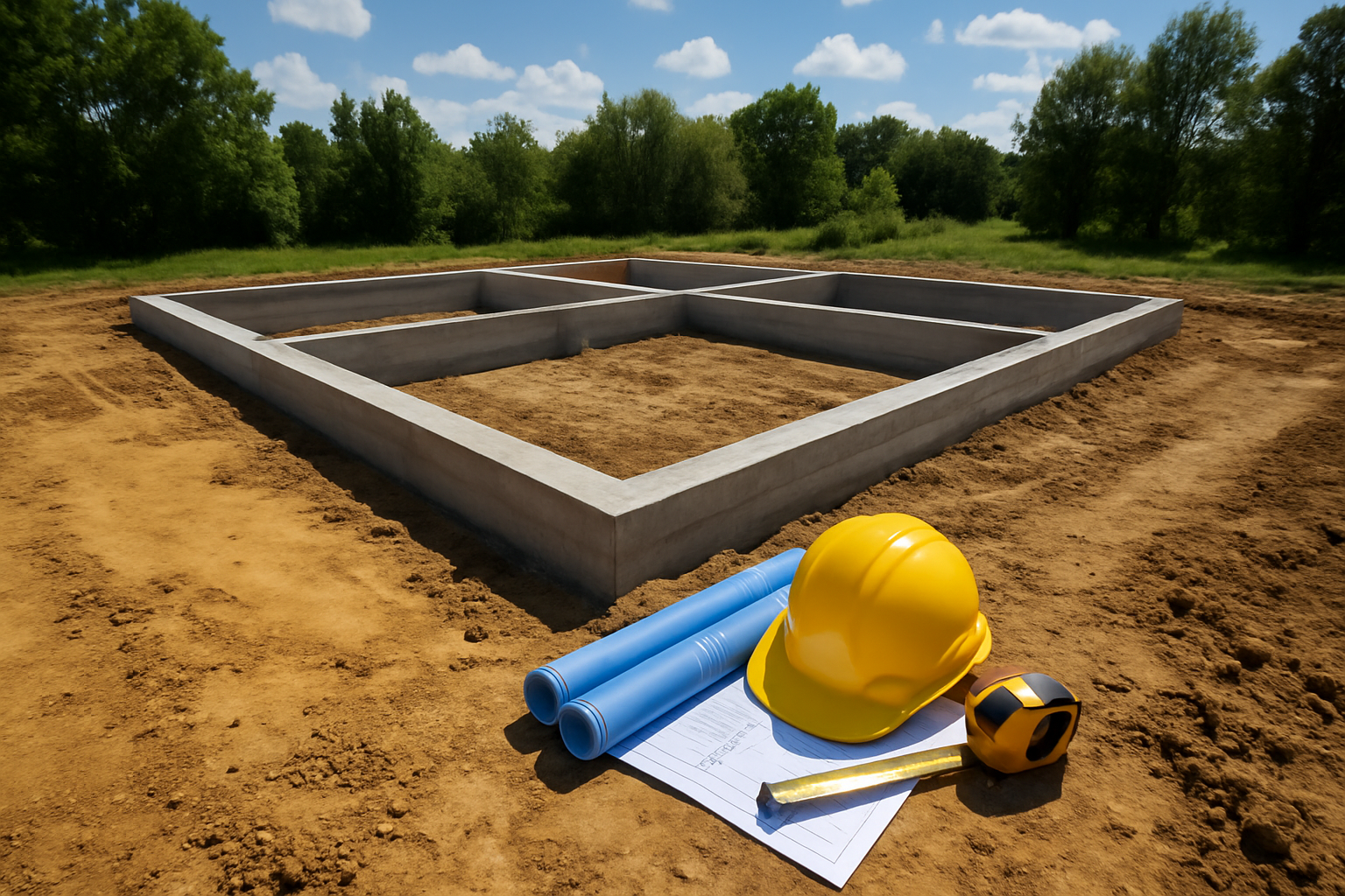Ręka architekta wskazująca na plany fundamentów domu obok narzędzi pomiarowych